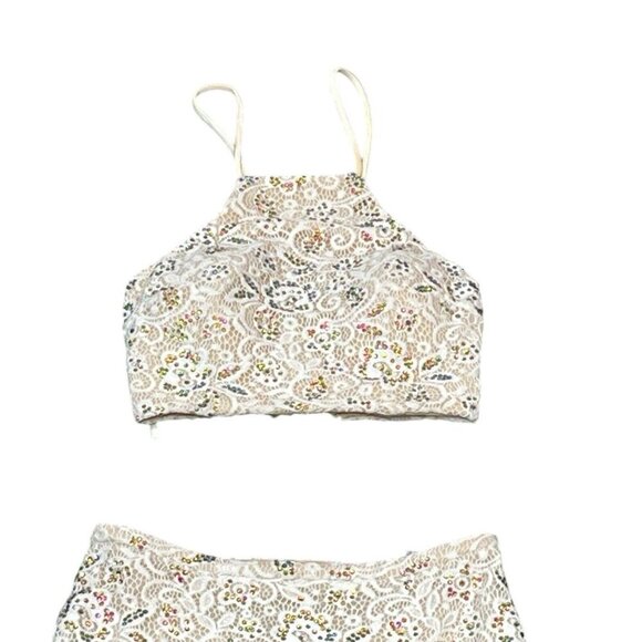 La‎ Femme 2 Piece Gown Womens 8 White Sequin Lace Halter Lace Up Slit Maxi Skirt - Picture 4 of 16